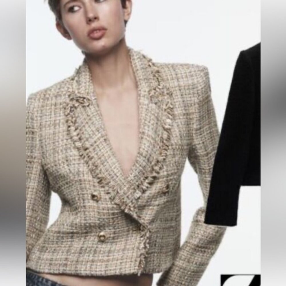 Zara cropped exaggerated shoulders tweed raw collar blazer NWT L